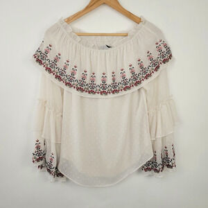 Embroidered Floral Top Blouse Size Small Cream Clip Dot Ruffles Cottagecore Boho